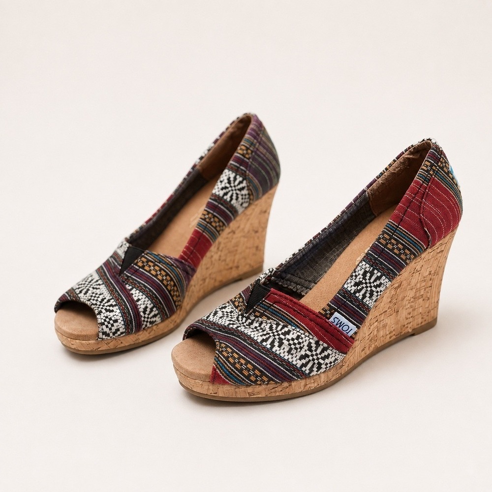 TOMS 6.5W Multicolor Woven Wedge Heel Espadrille Peep Toe Boho Festival Vacation